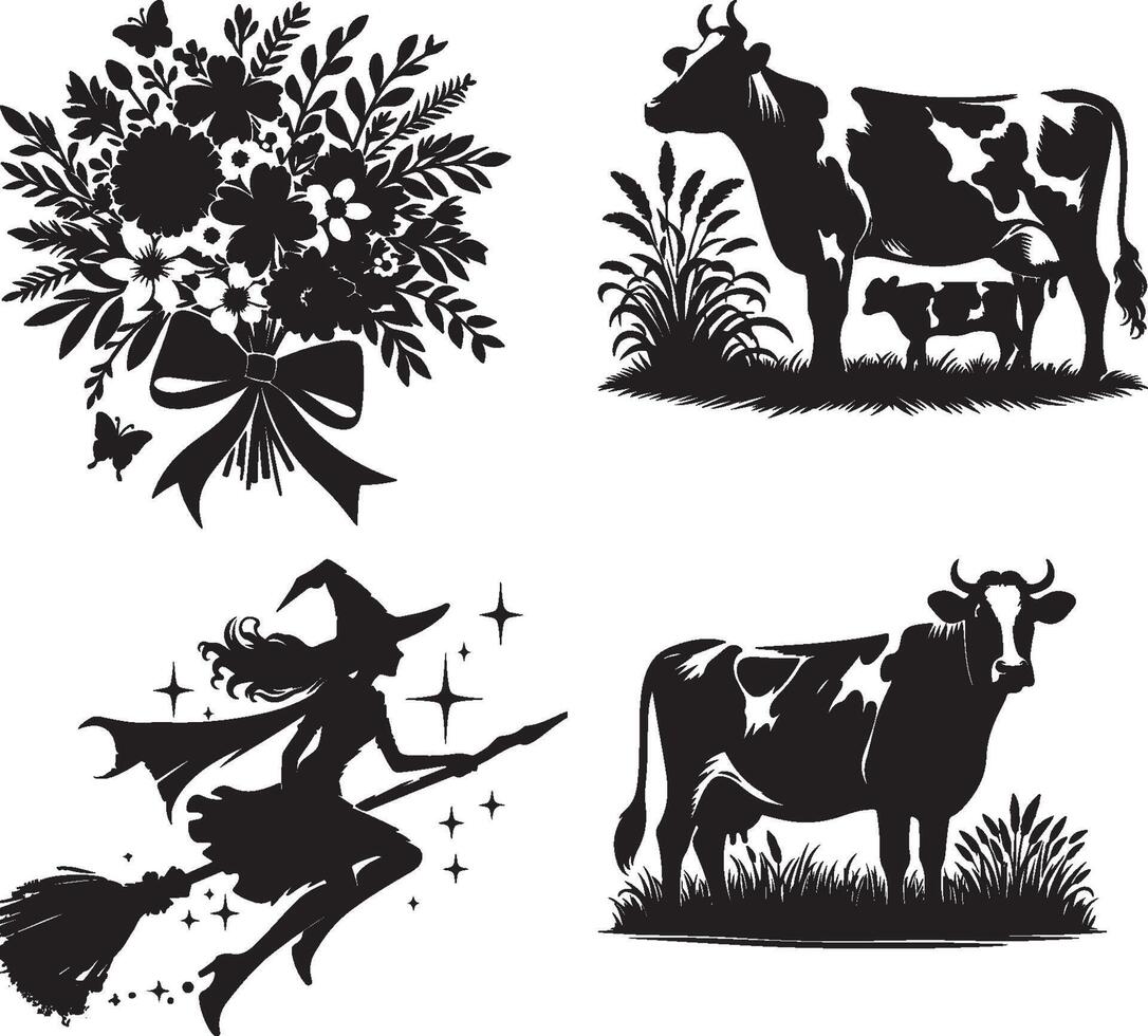 A composition of black silhouettes featuring a floral bouquet, cows, and a witch on a broomstick vector
