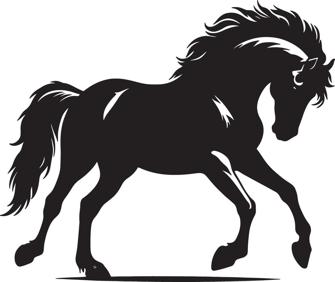 A black silhouette of a horse with a flowing mane and tail in a dynamic galloping position art vector