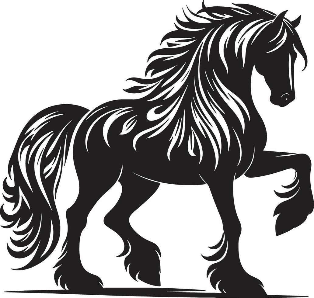 A black silhouette of a horse with a flowing mane and tail in a prancing pose on a white backdrop vector