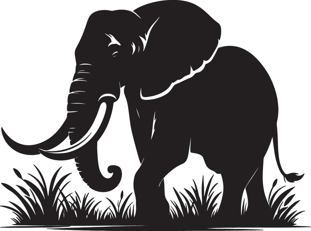 A black silhouette of an elephant standing in grass against a white background illustration vector