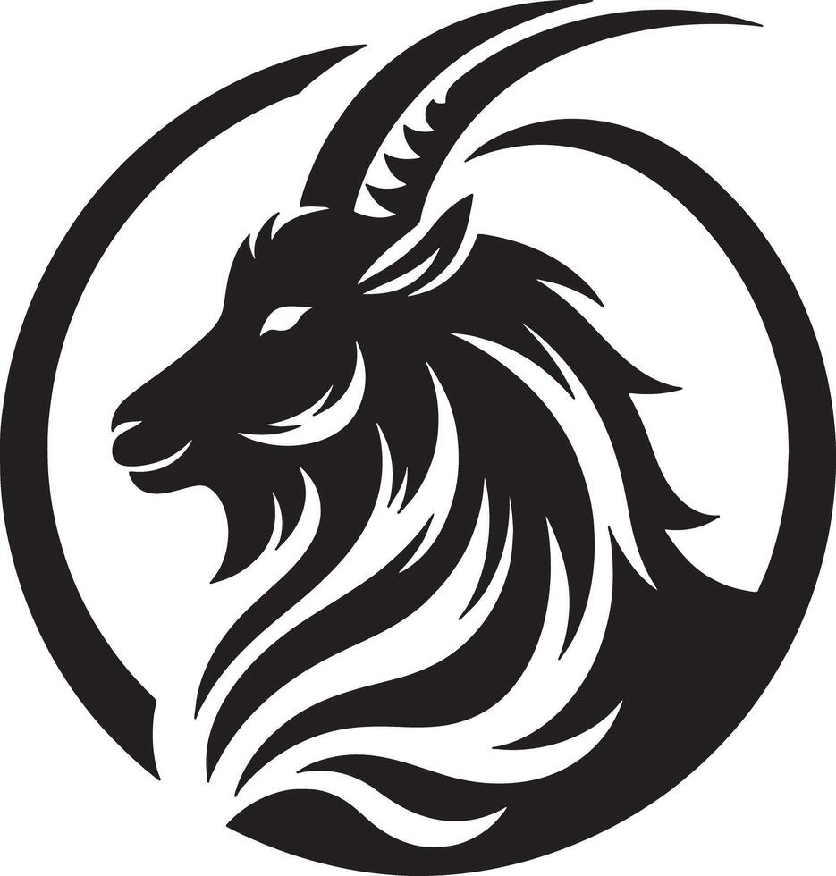 Illustration of a black goat head with long horns inside a black circle on white background vector
