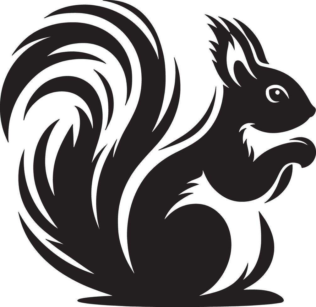A stylized black and white illustration of a squirrel with a bushy tail holding something small vector