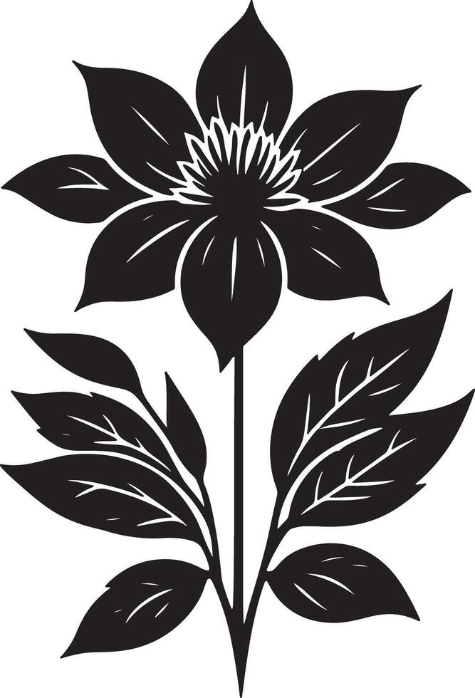 A black and white illustration of a flower with leaves on a white background in a simple style vector