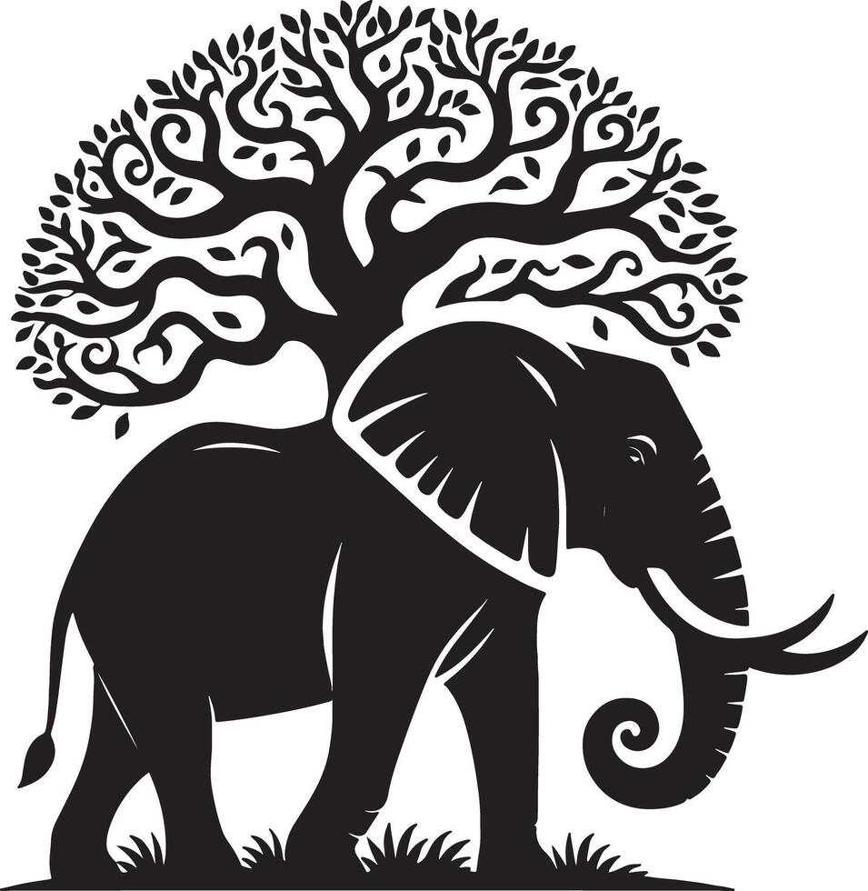 A black and white image of an elephant with a tree forming its head and grass at its feet vector