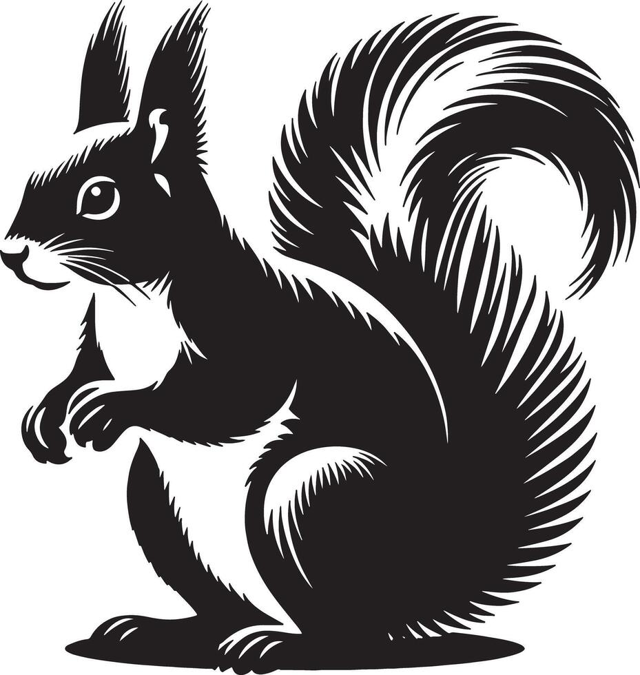 A black and white illustration of a squirrel with a bushy tail standing on its hind legs looking left vector