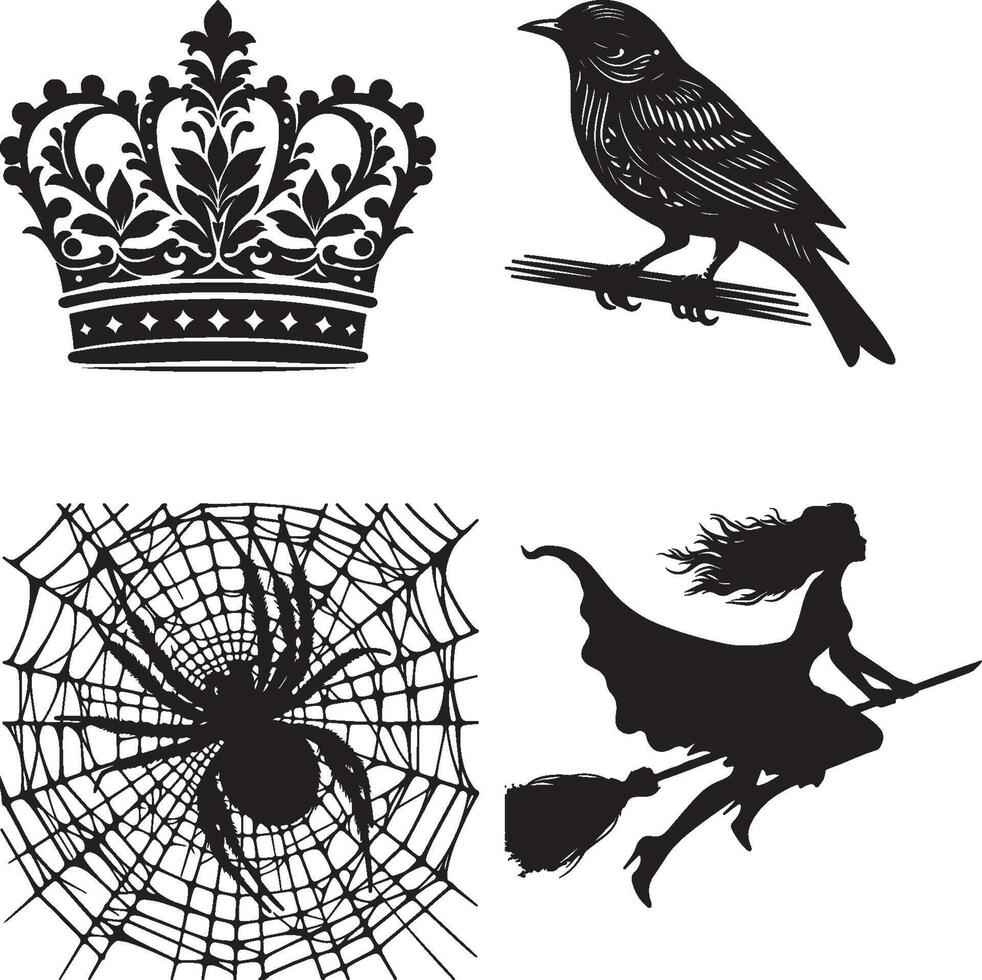 Black and white illustration featuring a crown, bird, spiderweb, and witch on a broomstick vector