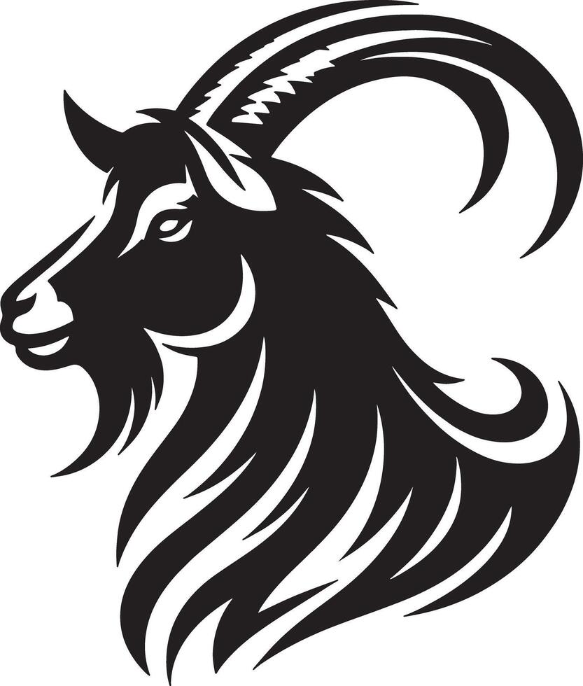 A stylized black and white illustration of a goat head with curved horns and a beard design vector