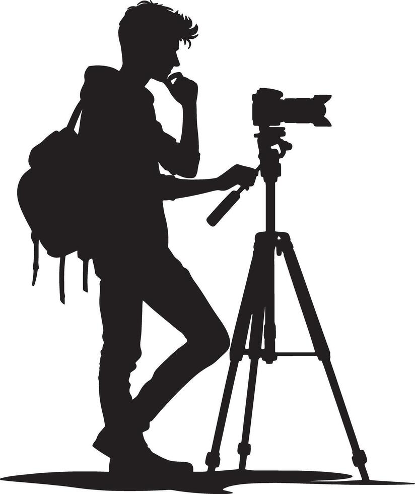 Silhouette of a photographer with a backpack standing next to a camera on a tripod in studio vector