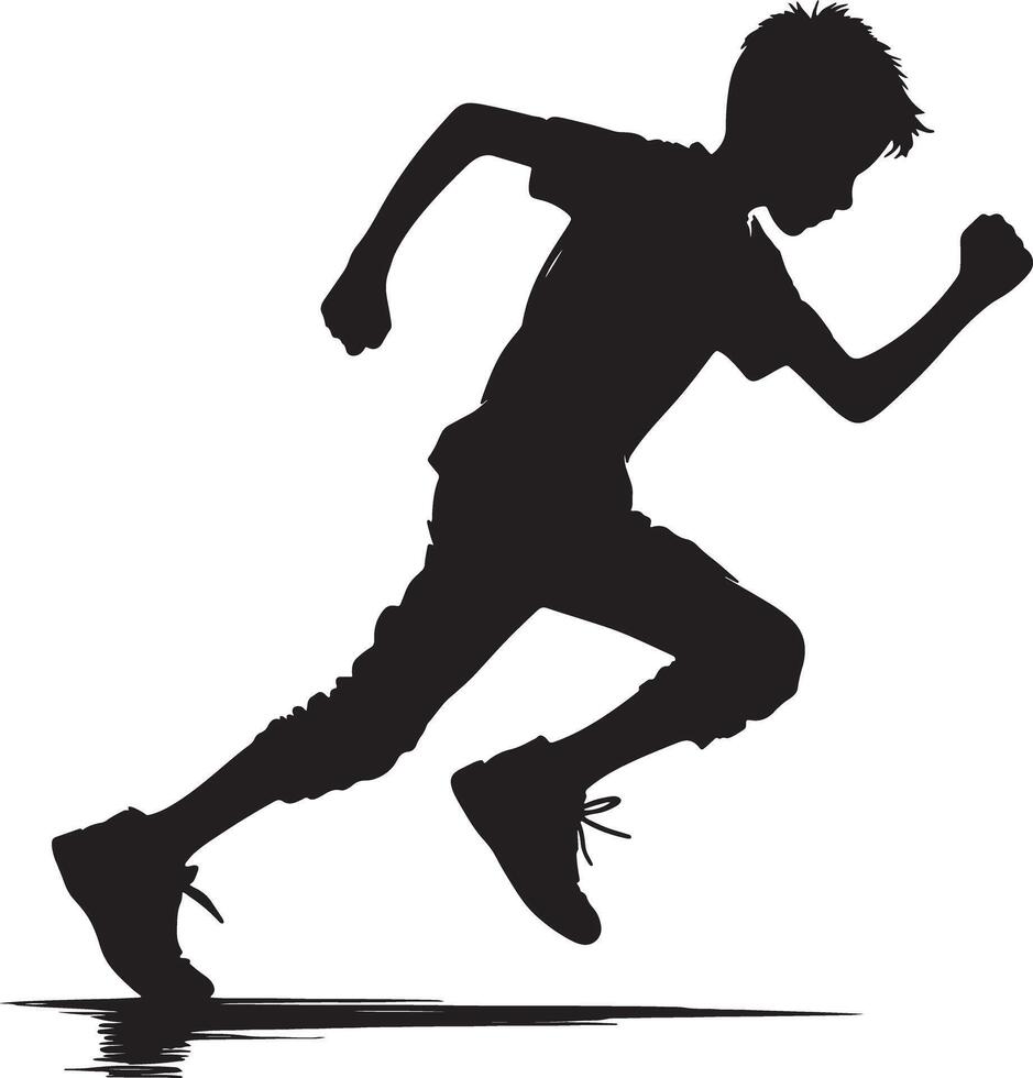 Silhouette of a young boy running with arms pumping forward in a dynamic pose on a white background vector