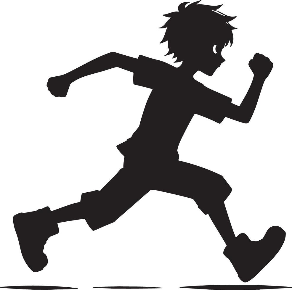 Silhouette of a boy running with clenched fists and wearing shorts and a t shirt on a white background vector