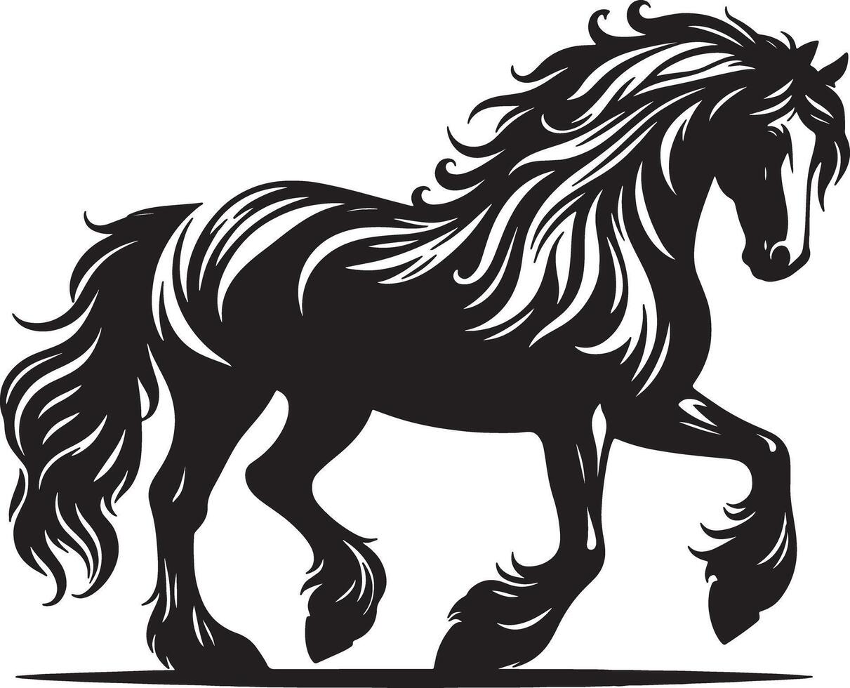 A striking black silhouette of a shire horse with flowing mane and tail in profile view pose vector