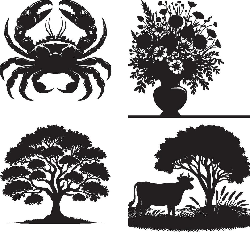 Black silhouette illustrations of a crab, flowers in a vase, tree, and a cow under a tree vector