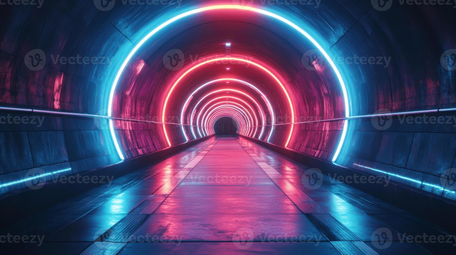 Futuristic Neon Tunnel with Reflective Floor and Depth photo