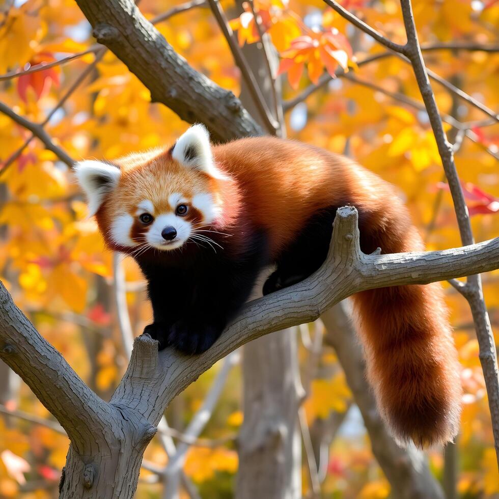 A red panda is sitting on a tree branch photo