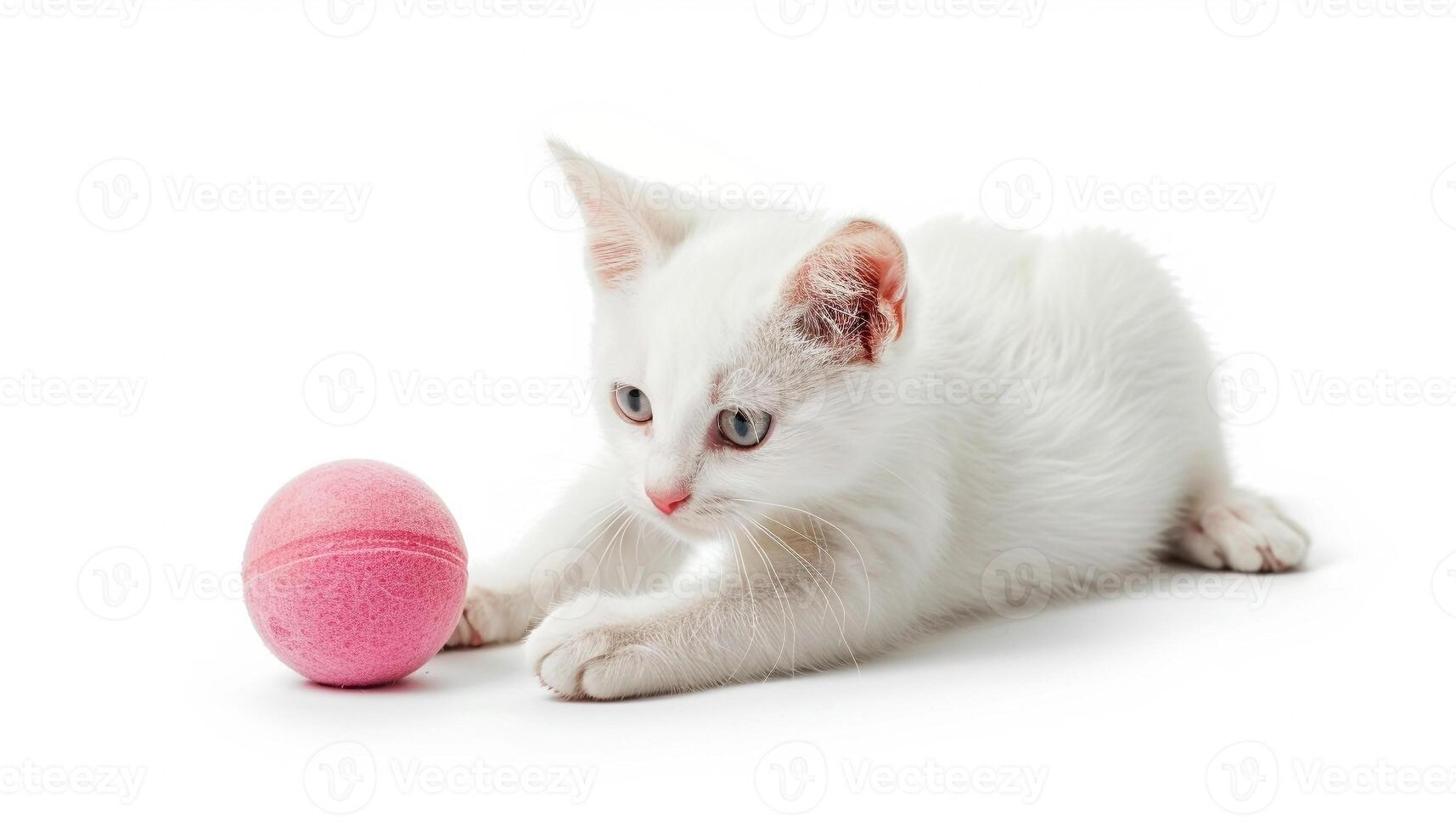 White kitten with blue eyes playing with pink ball on clean white background isolated studio shot photo