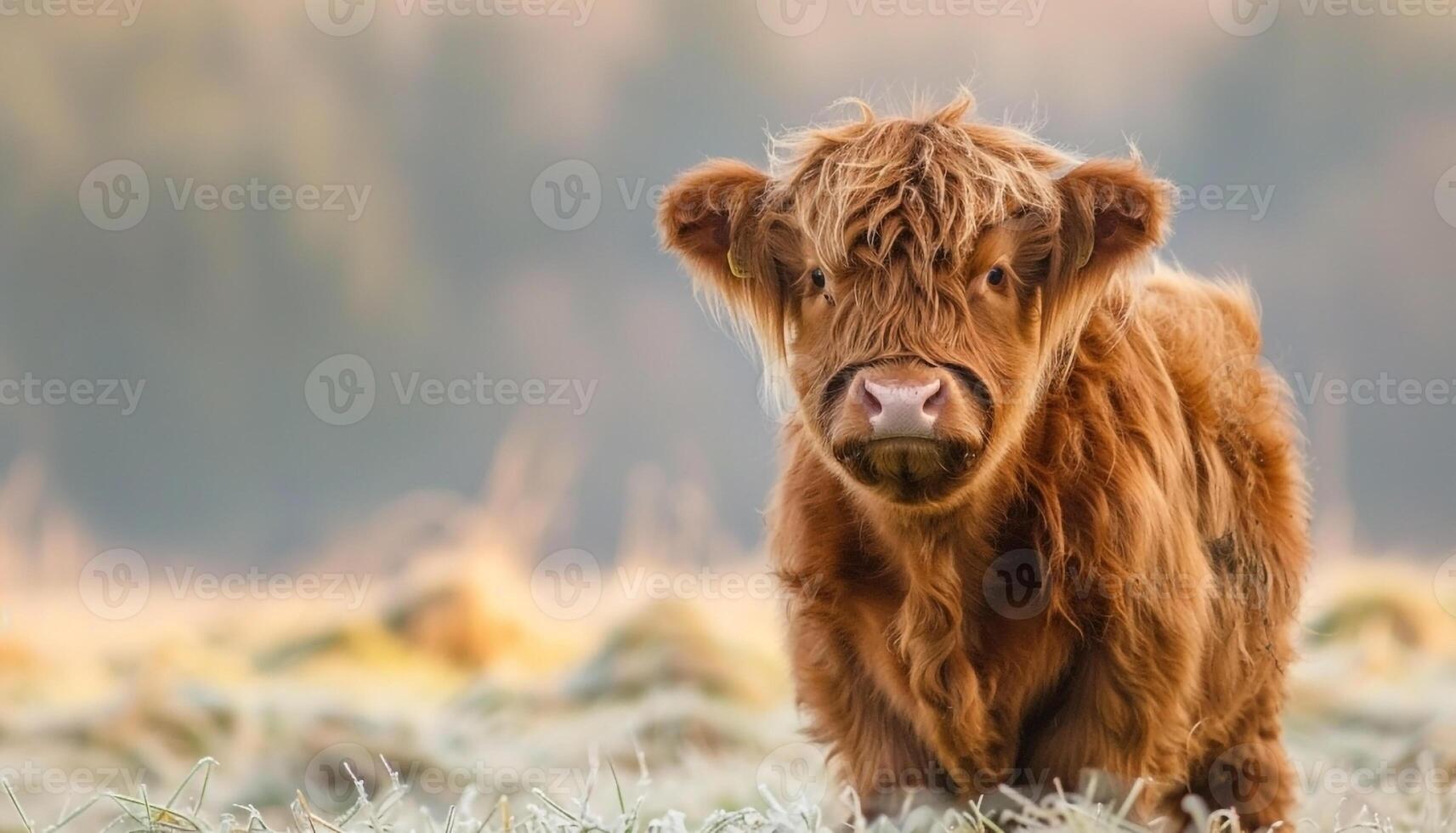 Fluffy Highland calf standing in frosty meadow with curious face and tousled hair in soft morning light photo
