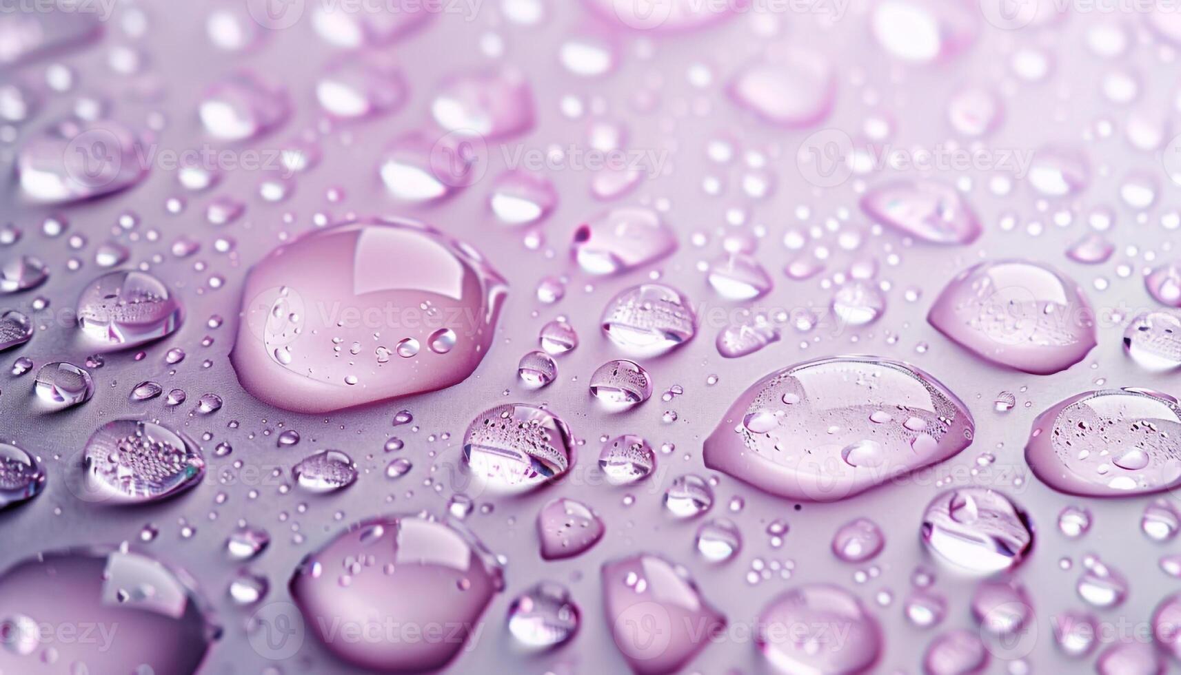 Close up of transparent water droplets on smooth pink surface for cosmetic and wellness product design photo