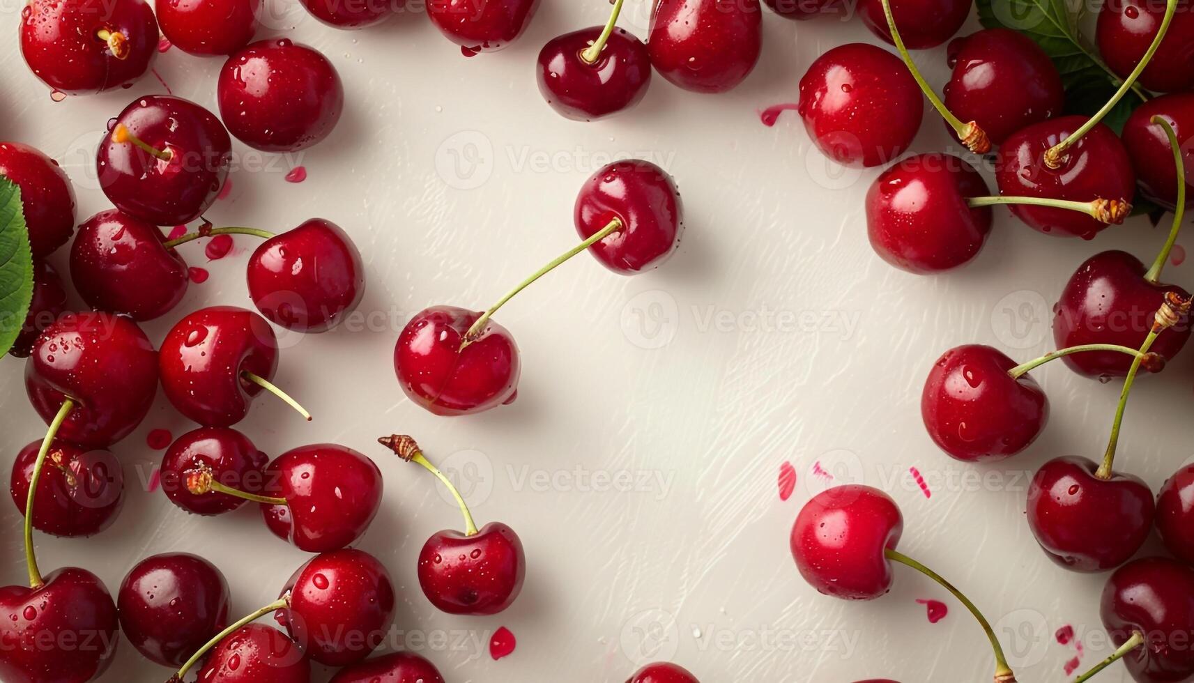Fresh ripe red cherries scattered on white background with water drops and copy space top view photo