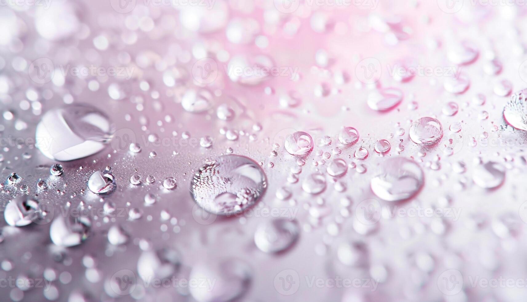 Close up of transparent water droplets on smooth pink surface for cosmetic and wellness product design. photo