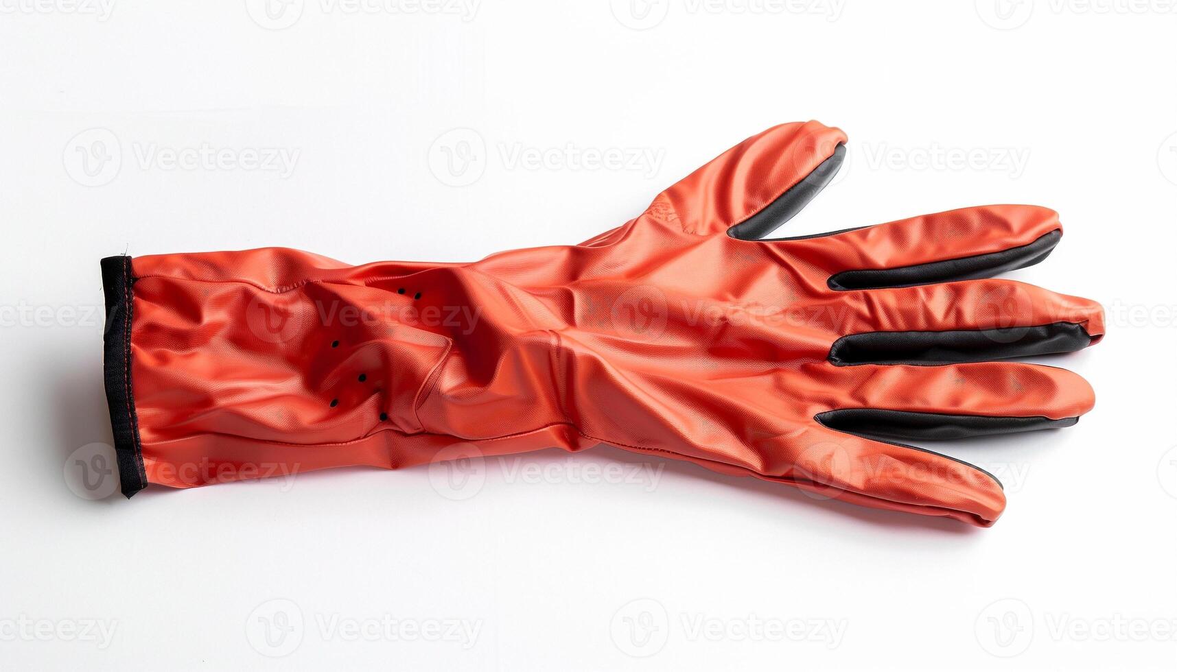 An industrial grade rubber glove in vivid orange and black, designed for protection, precision and durability in tough tasks. photo