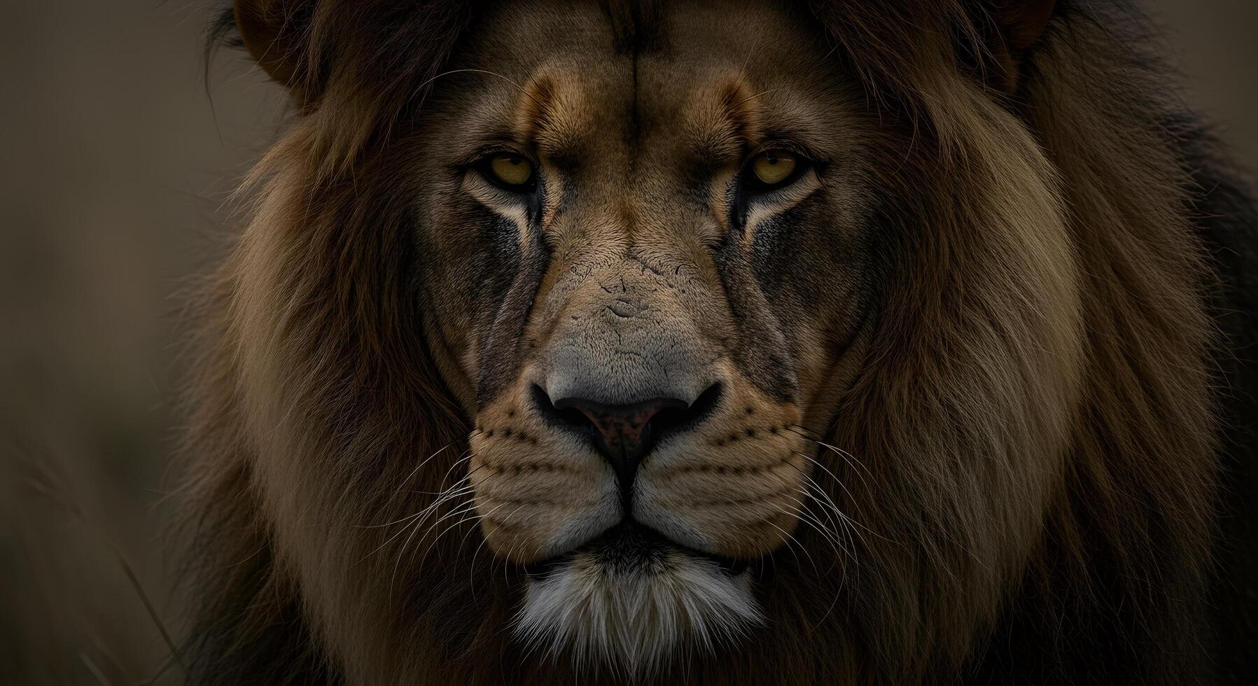 A close up of a lion's face with a dark background photo