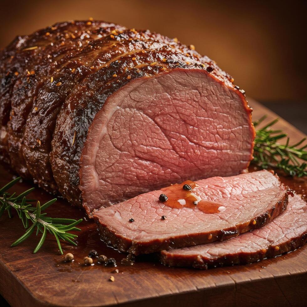 A roast beef is cut into slices on a cutting board photo