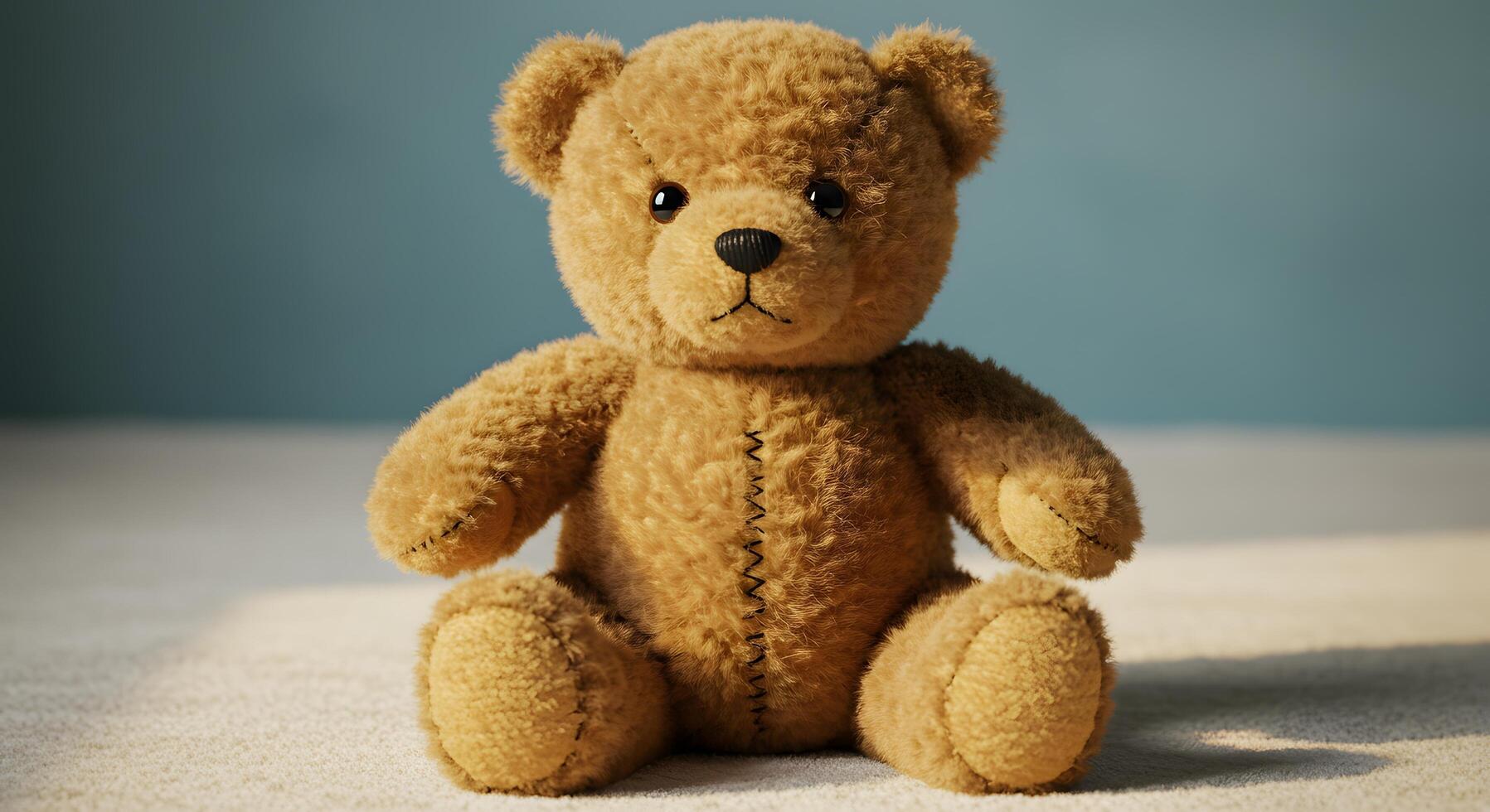 A teddy bear sitting on a bed photo