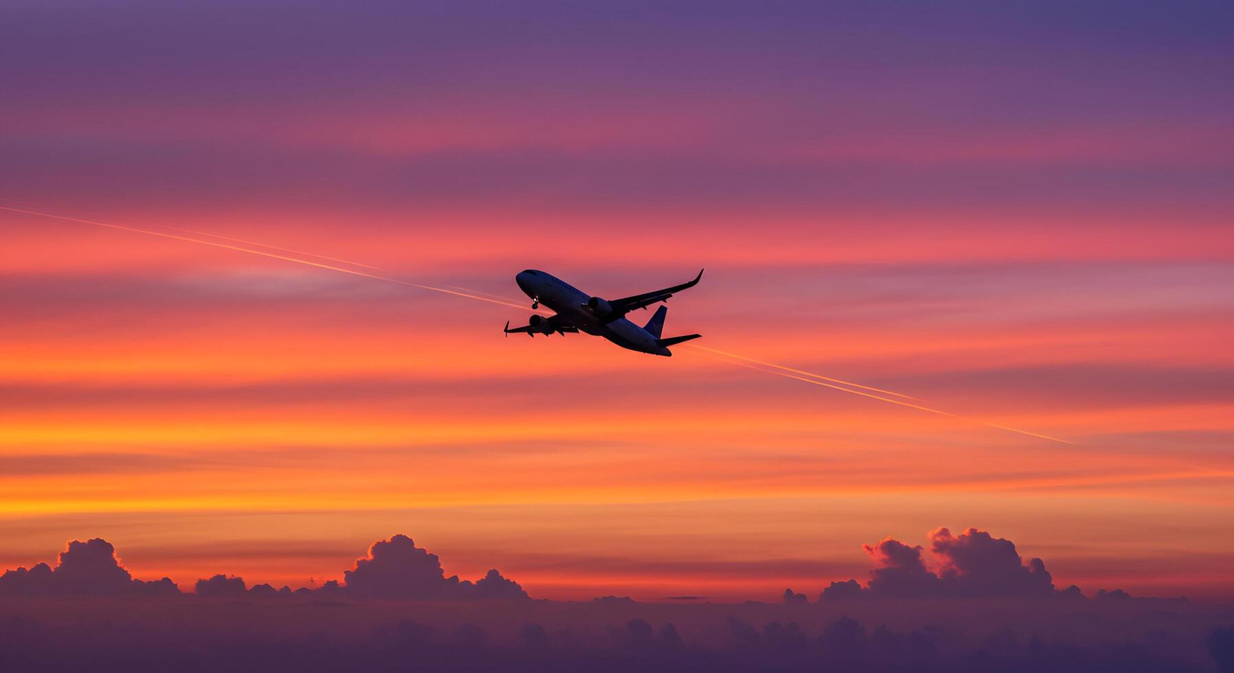 A plane flying in the sky at sunset photo