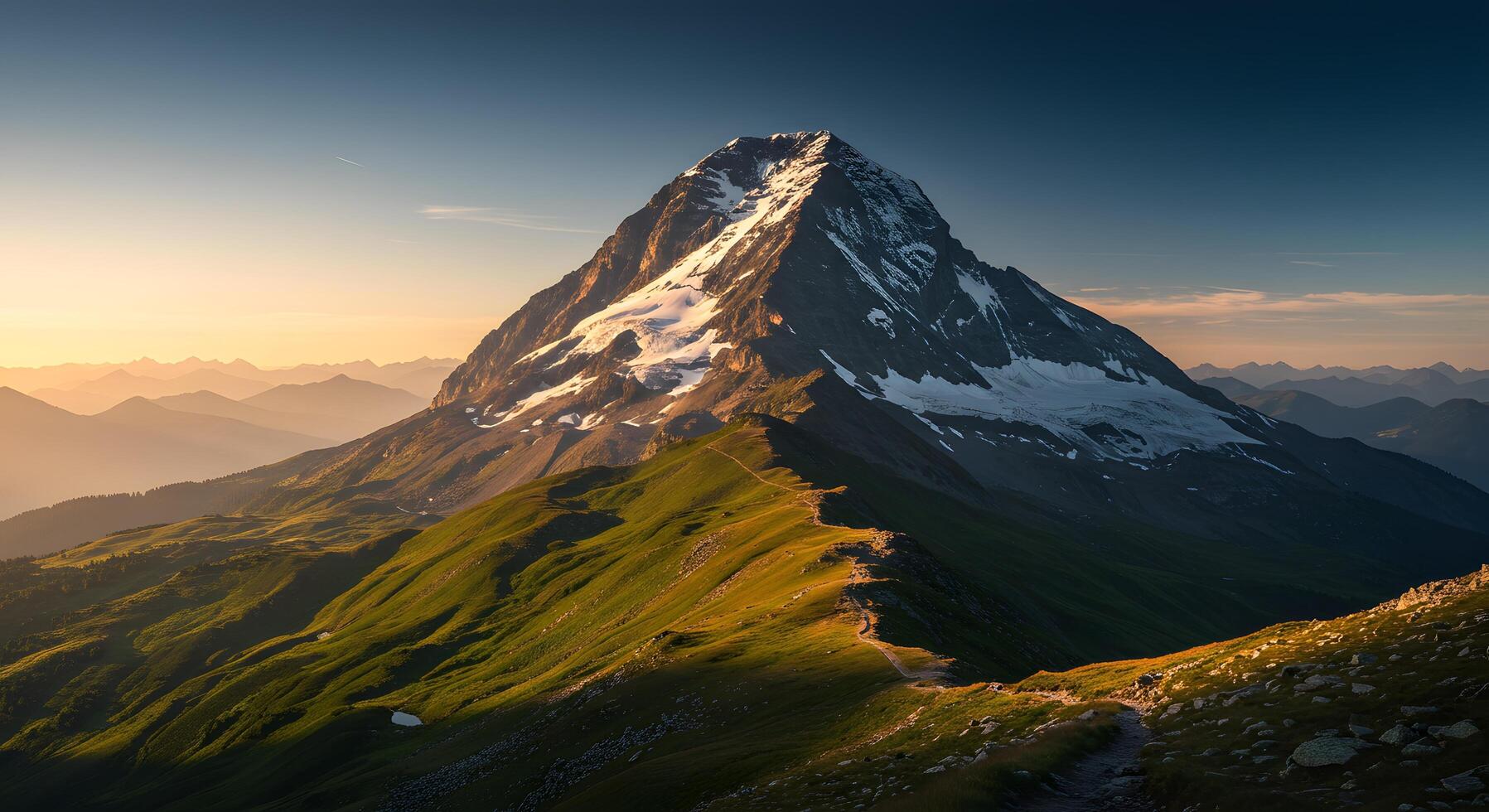 A mountain peak with a path leading up to it photo