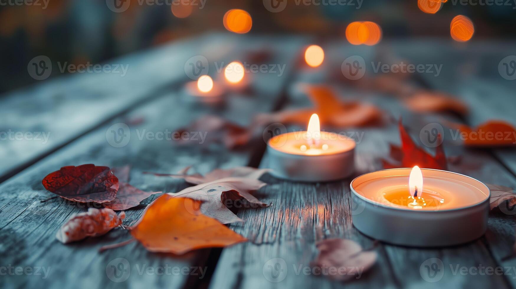 Candlelit Autumn Ambiance Highlighted by Colorful Fallen Leaves All Around You photo
