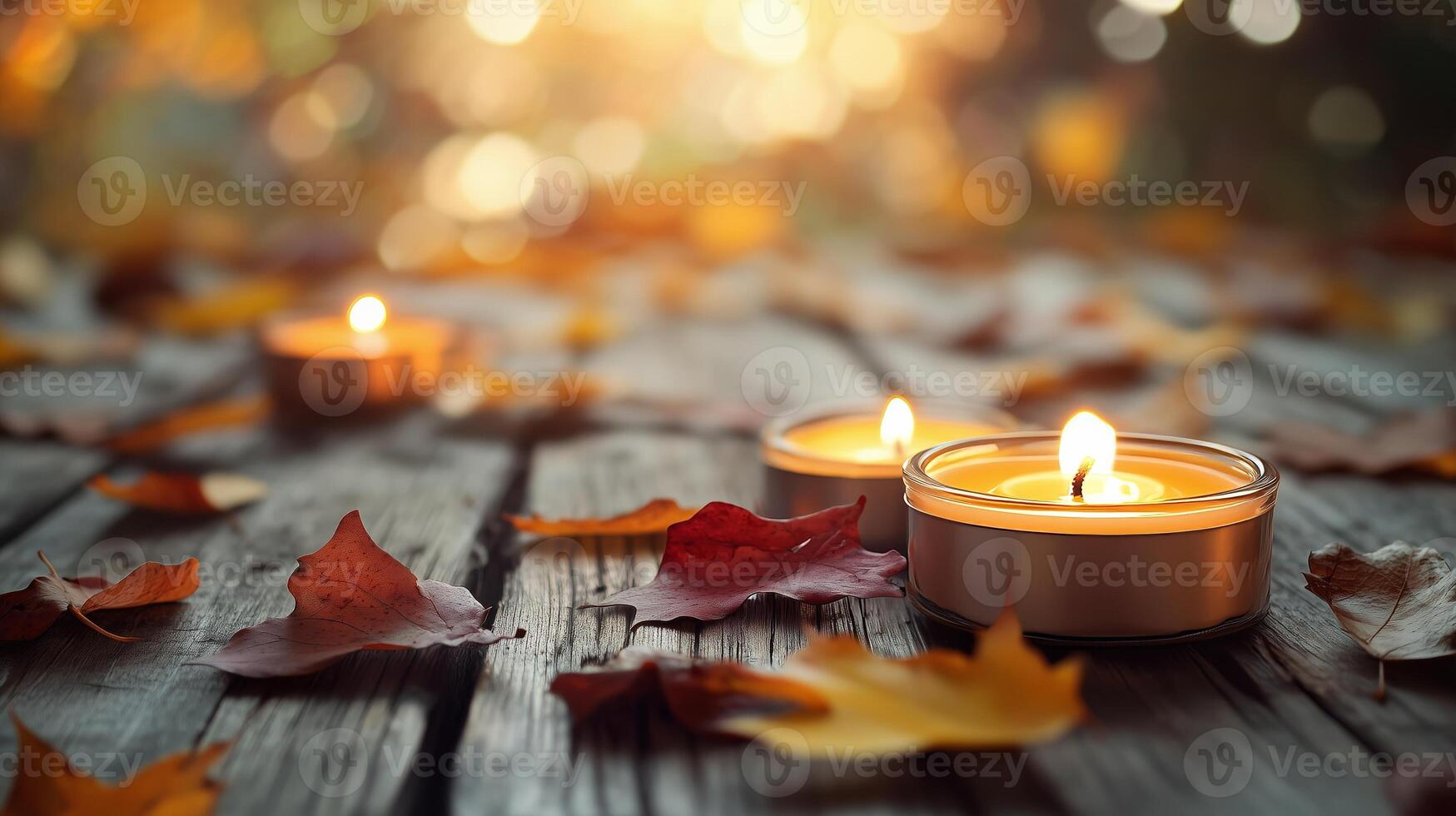 Experience Autumn Scene featuring Candles and Colorful Leaves all around you photo