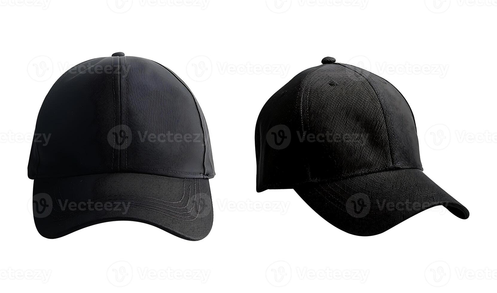 Two black hat baseball cap, front and side view, On a white background with clipping path photo