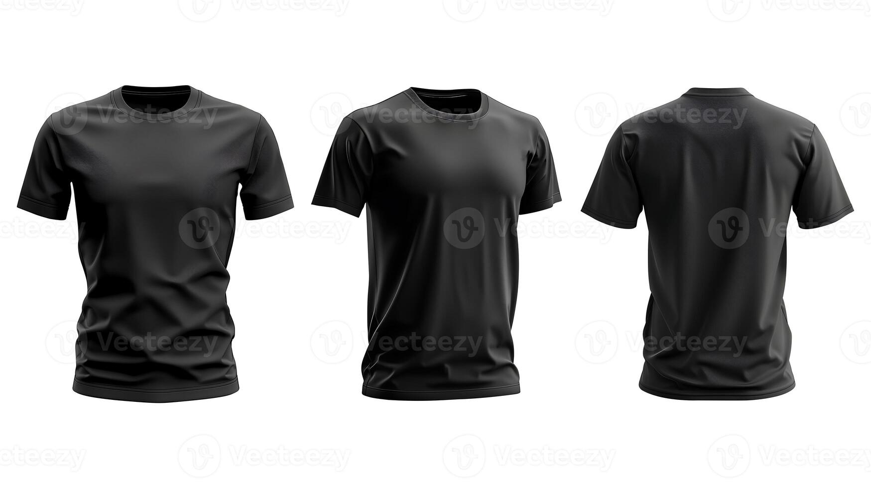 Three black t-shirt half sleeve round neck front side and back view, On a white background with clipping path photo