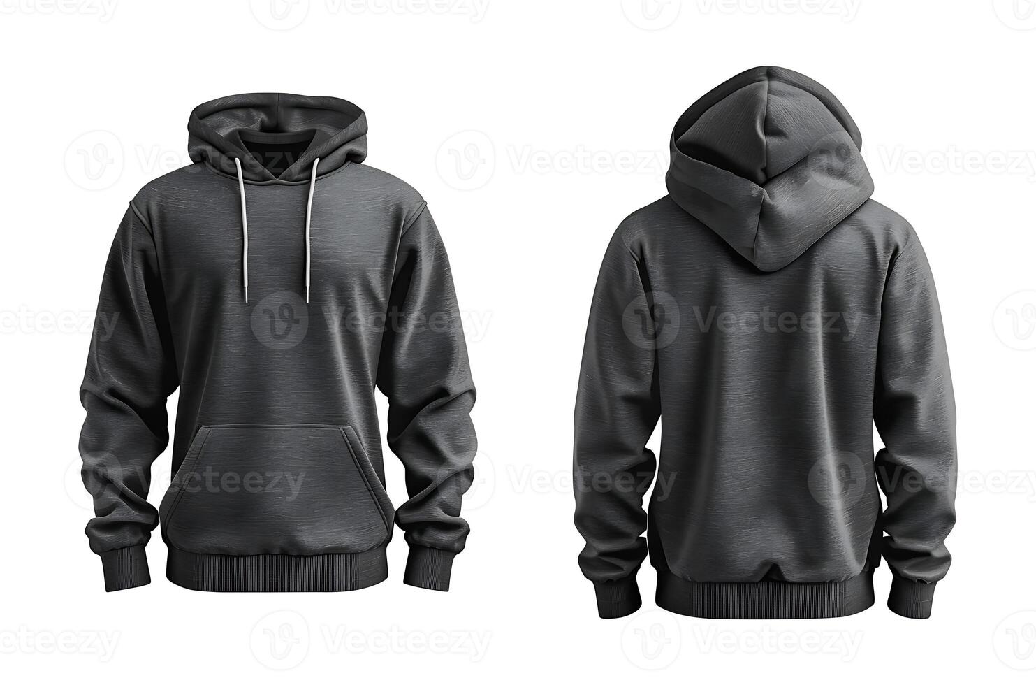 Two dark grey tee hoodie hoody sweatshirt, front and back view, on white with clipping path photo