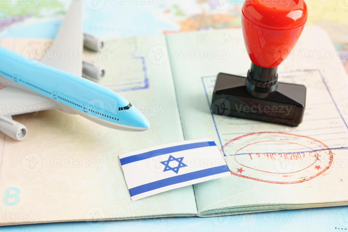 Israel passport with approved stamp on document for tourism to immigration at airport in country. photo