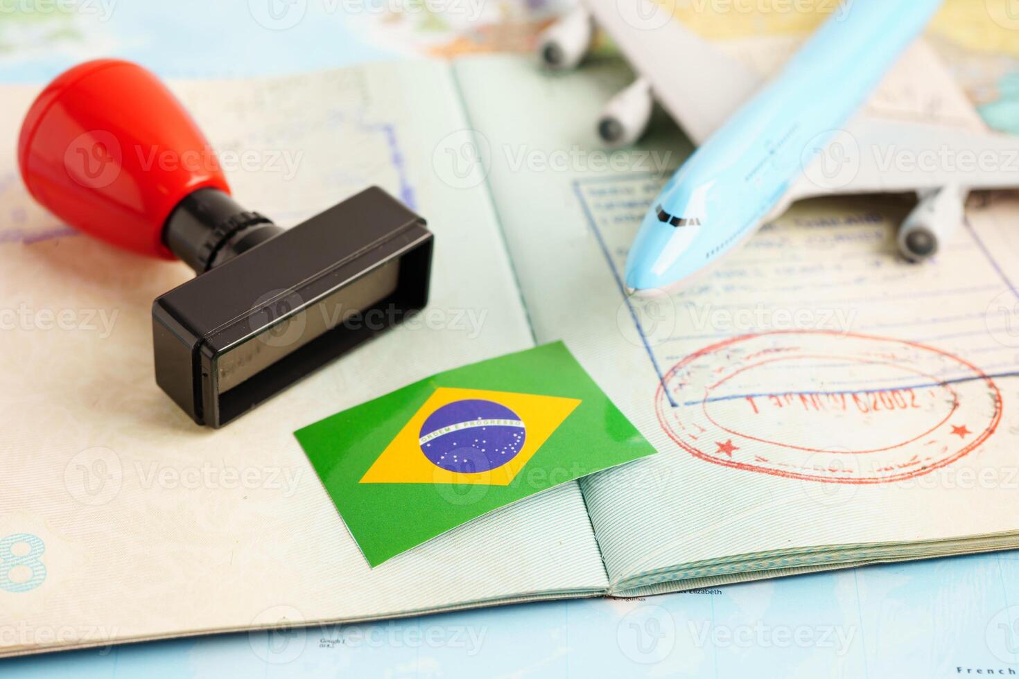 Brazil passport with approved stamp on document for tourism to immigration at airport in country. photo