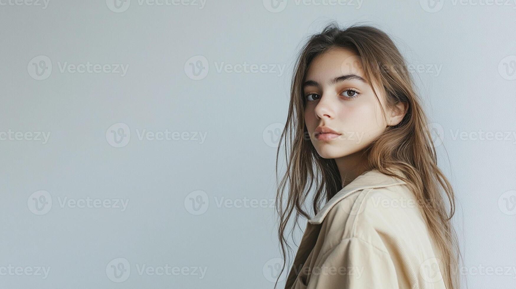 A young woman with long hair, wearing a beige jacket, standing against a plain white background with ample copy space to the left photo