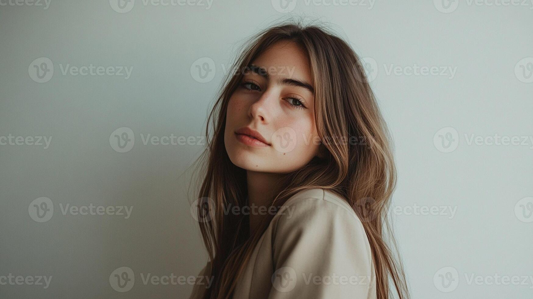 A young woman with long hair, wearing a beige jacket, standing against a plain white background with ample copy space to the left, minimalist and clean style photo