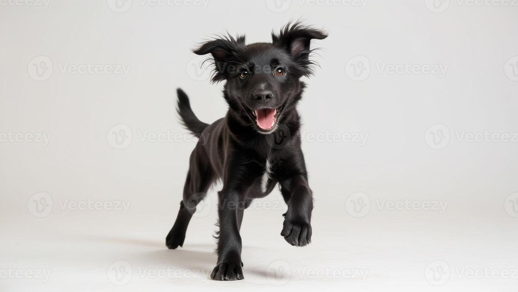 Playful black dog is playing and looking happy isolated on white background. Concept of motion, action, movement photo