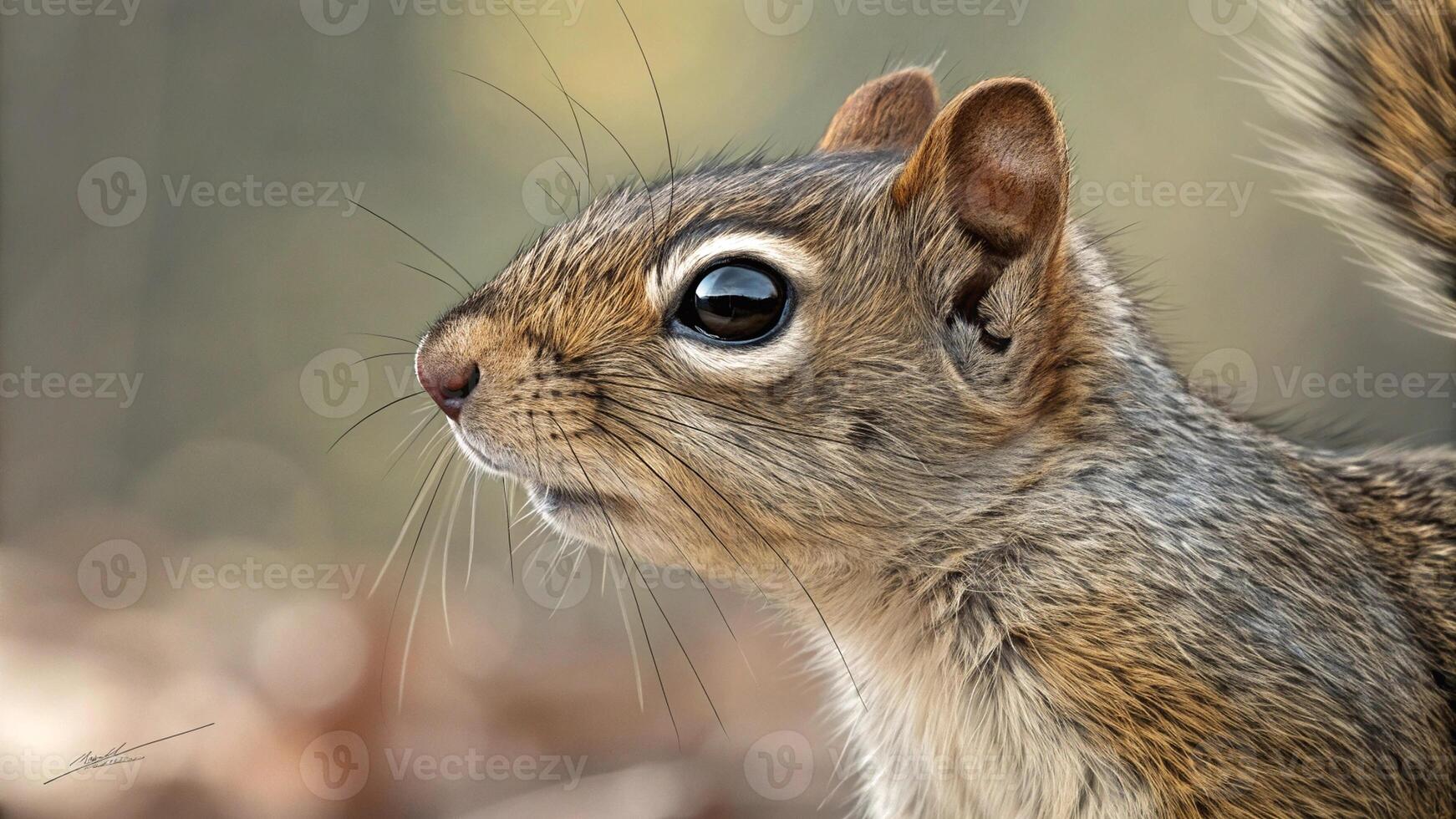 squirrel looking into the distance, blurry background photo