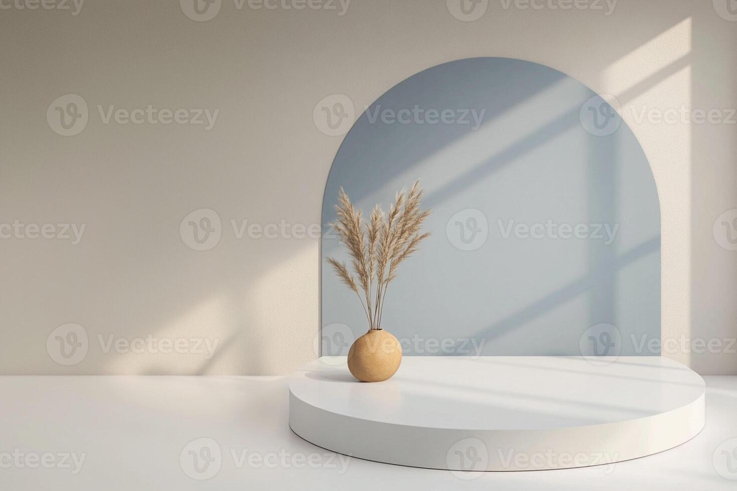 A mockup stage design. A clear circle, minimal mockup stage with the color of pale blue, bright white and warm tan photo