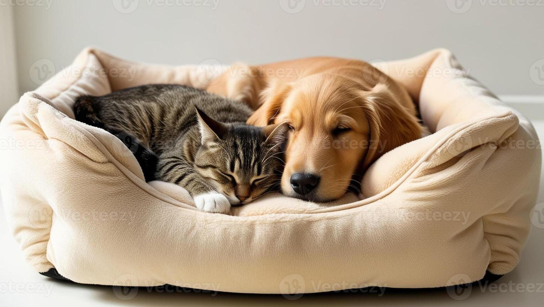 A cat and dog cuddled up in a plush pet bed, enjoying a peaceful nap photo