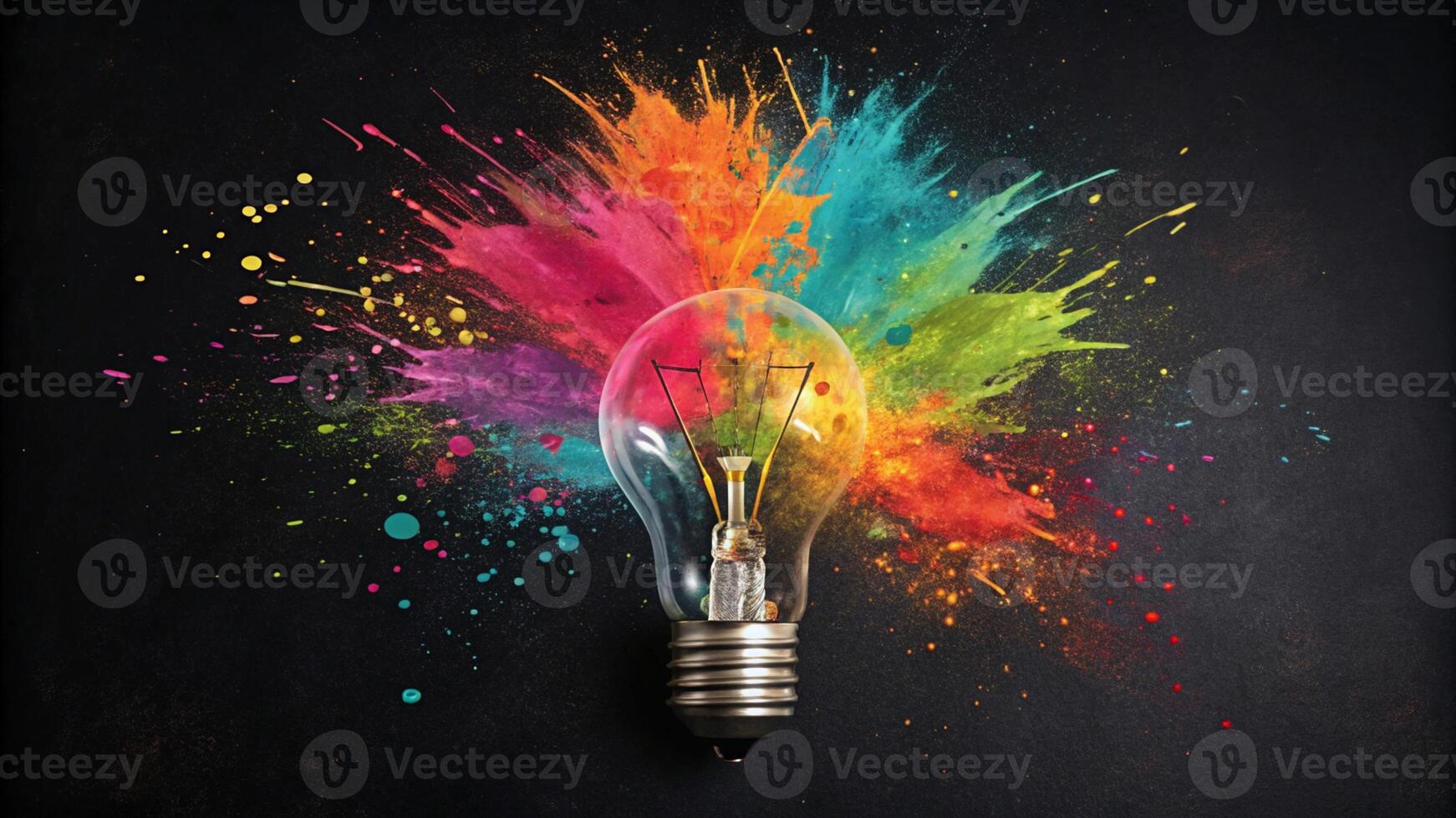 Creative Light Bulb Bursting with Colorful Paint, Exploding Ideas Concept, Artistic Innovation, Vibrant Brainstorm photo