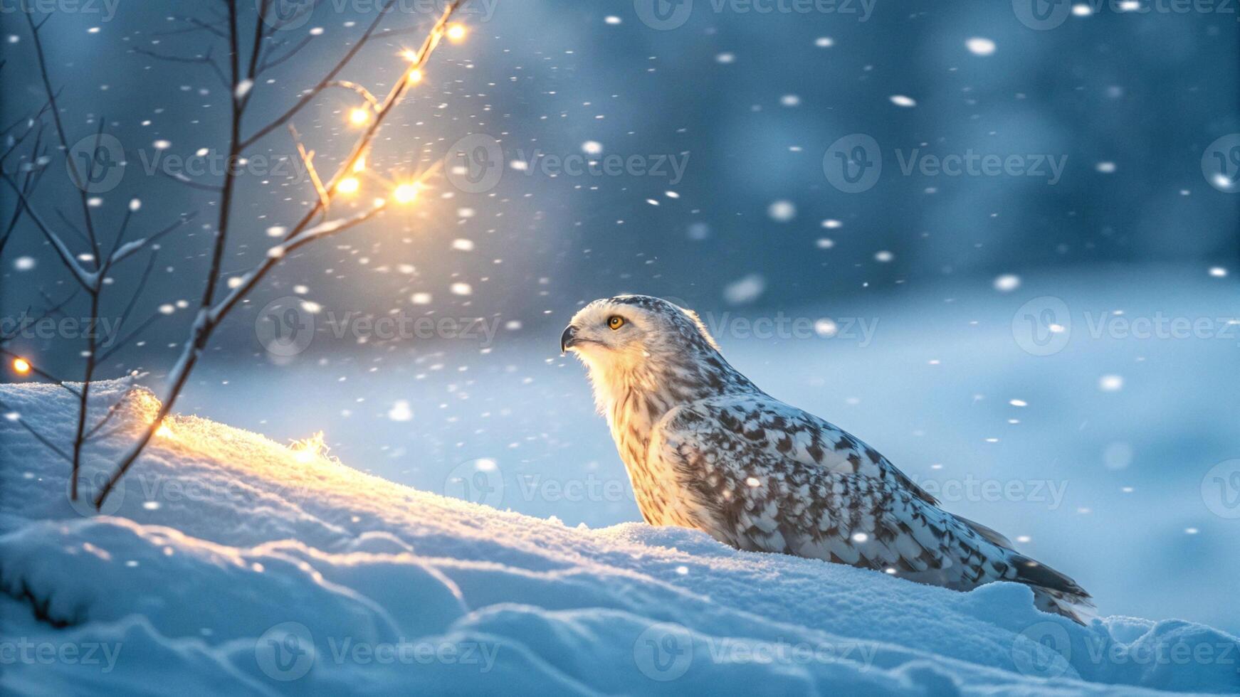 Bird in Snowfall with Bokeh Lights, Winter Wildlife, Holiday Blurred Background, Frosted Illumination photo