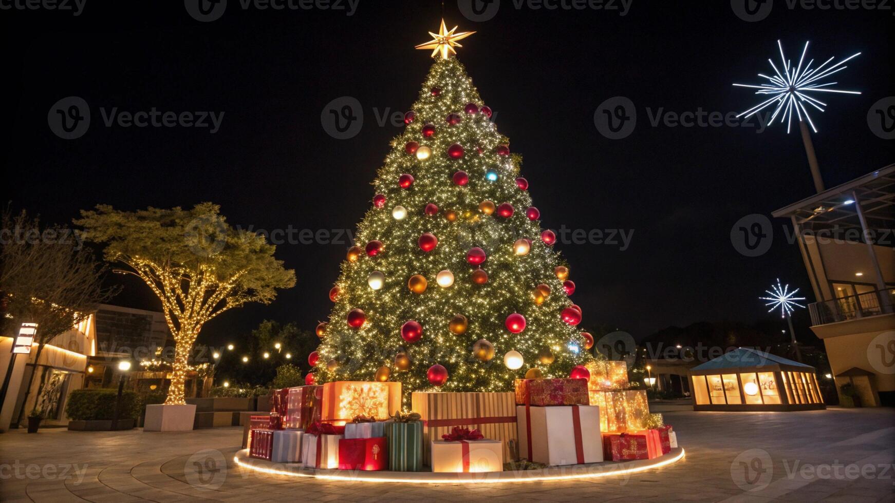 Christmas Tree With Star on top, and Presents under photo