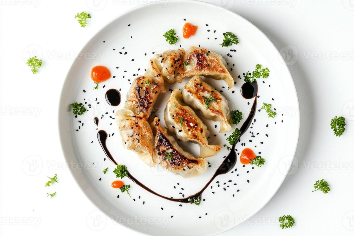 Gyoza Dumplings with Soy Sauce on White Plate, Top View photo