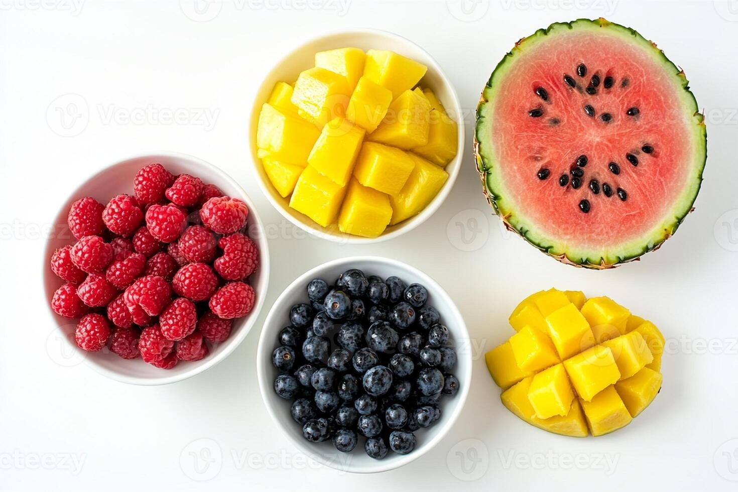 Summer Fruits Top View - Watermelon, Pineapple, Berries, Mango on White Background photo