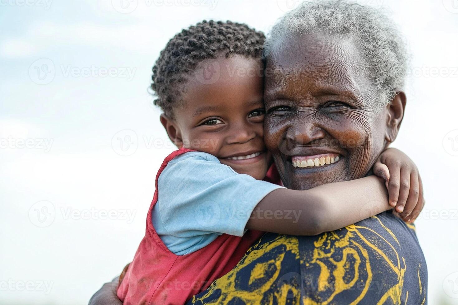 Dark Skinned Grandmother Hugging Grandchild with Warm Smile on White Background - Family Love and Emotional Bonding photo