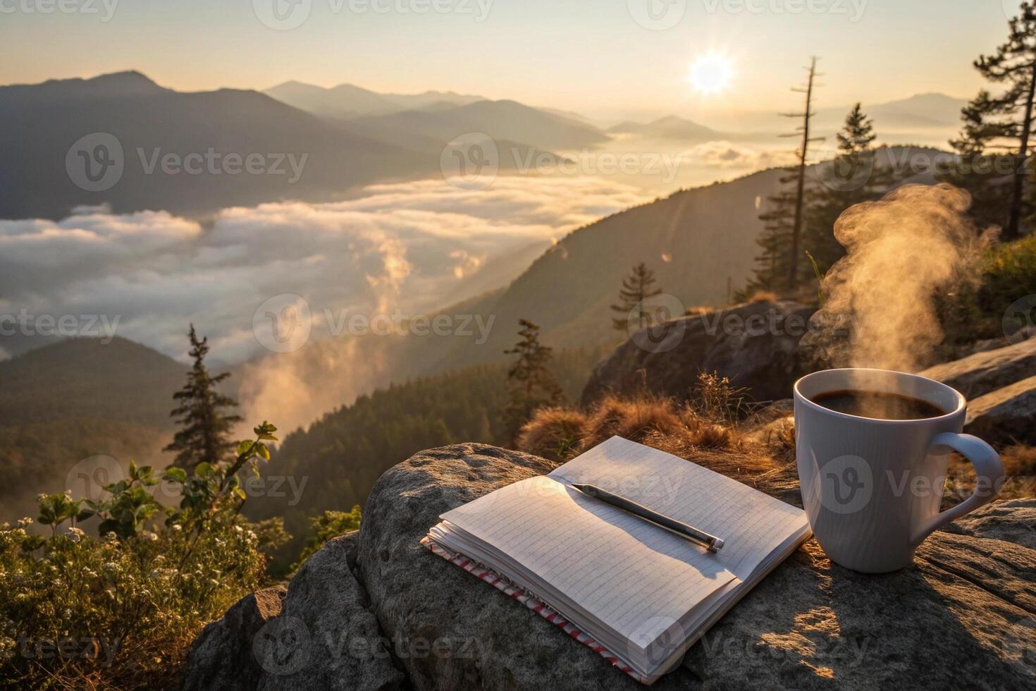 Steaming Coffee Cup and Open Notebook in the Mountains, with Misty Lake View at Sunrise photo