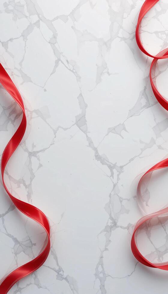 A bright white marble background with elegant red ribbons gracefully curving along the top and bottom edges, photo